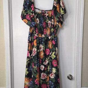 BloomChic Floral Midi Dress - Black, Pink, Orange, Green